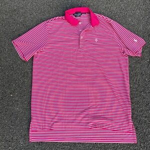 Polo Golf Ralph Lauren Men's XL Pink White Striped Performance Polo Shirt